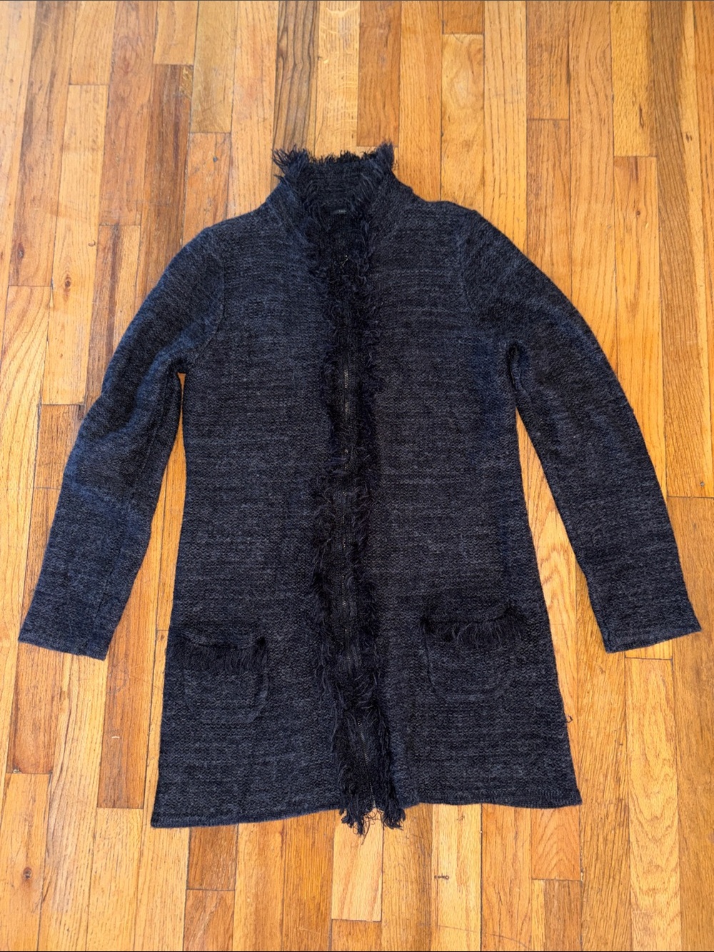 Tahari Black Longline Cardigan with Fuzzy Trim